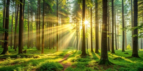 Wall Mural - Tranquil forest scene with sunlight filtering through trees , nature, forest, tranquil, sun rays, water, lush, trees
