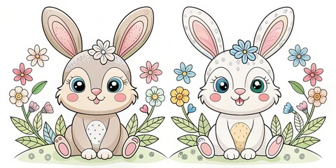 Wall Mural - Cute and whimsical coloring pages featuring two playful bunnies , rabbits, coloring, pages, cute, adorable, animals, fluffy