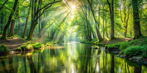 Wall Mural - Sunlight filtering through lush green trees onto a peaceful stream in the forest, stream, forest, nature, tranquil, water