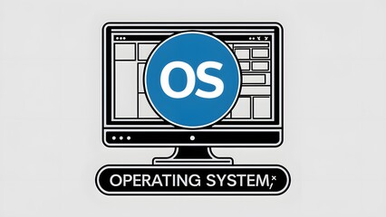 Fototapete - A graphical representation of a computer monitor with a blue circle on top displaying the letters 'OS'. Below the monitor, there's a textual label that reads 'OPERATING SYSTEM'. 