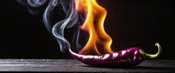 Wall Mural - Burning hot purple chili pepper on a black rustic wooden background