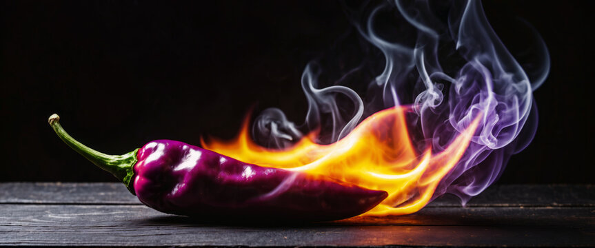Burning hot purple chili pepper on a black rustic wooden background