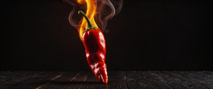 Burning hot green chili pepper on a black rustic wooden background