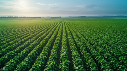 Wall Mural - Aerial view of a huge, lush bean field with a clear blue sky in the background