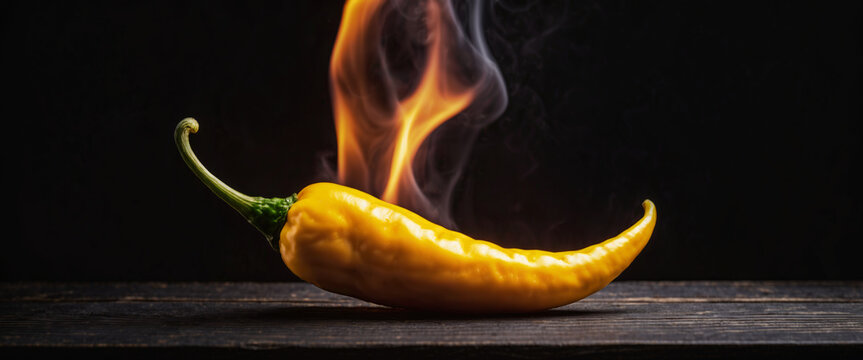 Burning hot yellow chili pepper on a black rustic wooden background
