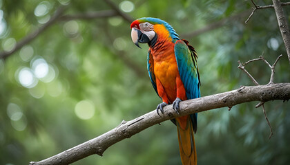 Macaw Perched on Textured Tree Branch with Bokeh Background and Natural Lighting