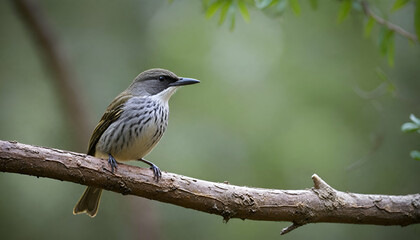 honeyeater perched on textured tree branch with bokeh background and natural lighting