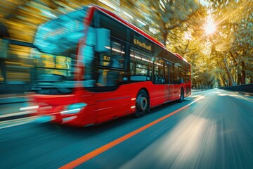 Red Bus in Motion Through Autumnal Trees