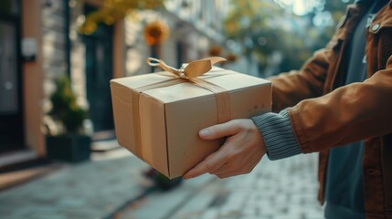 Person holding a cardboard gift box with a ribbon outdoors. Perfect for showcasing delivery, gift giving, and courier services.