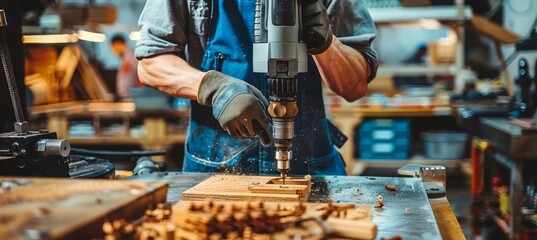 Carpenter s hand in gloves using electric drill to assemble wood in woodworking shop