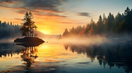 Wall Mural - A tranquil lake at dawn, with mist rising from the water, the first light of day casting a soft, ethereal glow over the landscape, and reflections of trees mirrored on the surface