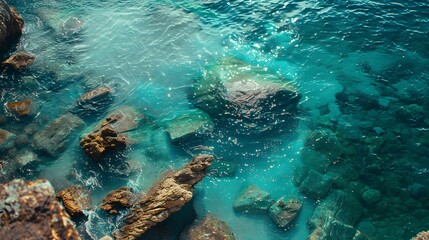 Canvas Print - An aerial view of a rocky beach with blue and green tones