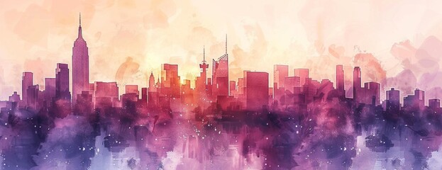 Poster - watercolor painting of abstract urban skyline