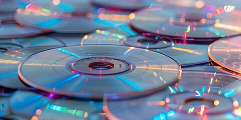 Collection of CDs and DVDs in a close-up shot on a white background. Concept Close-up Photography, CD Collection, DVD Stack, White Background, Entertainment Media