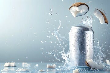 chilled aluminum silver mockup can of sparkling citrus coconut juice with tropical splashes