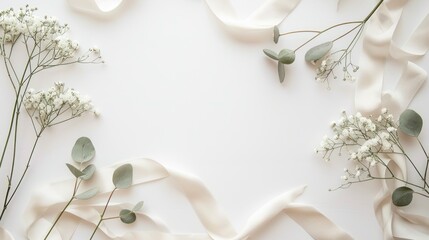 Top view baby's breath gypsophila flowers white ribbon on a white background