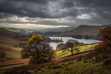 Beautiful landscape photograph of the peak district in england, with rolling hills and a lake, overcast sky, autumn colors, dramatic lighting