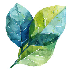 Two green and blue watercolor leaves overlapping, creating a unique abstract pattern. isolated on transparent background.