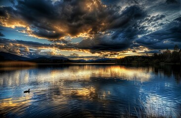 Wall Mural - Dramatic sky over the lake at dusk, with dark storm clouds gathering and reflecting on calm waters. A lone duck glides across the water below, adding an element of movement to the scene