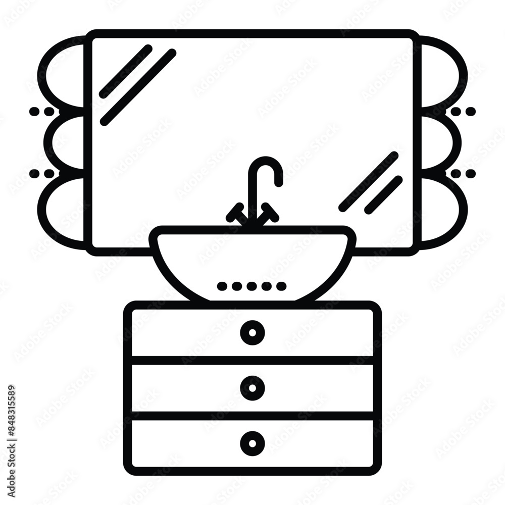 Vanity Outlined Washbasin, vanity unit and mirror, vector black line illustration ...