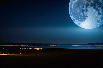 Wall Mural - a full moon hangs bright in the dark night sky, casting a soft light over a city with buildings reac