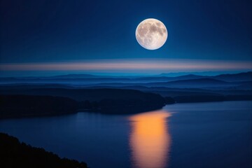 Wall Mural - full moon casts a shimmering reflection on the dark blue sea at night