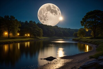 Wall Mural - a tranquil night scene with a full moon reflected on the still water of a lake