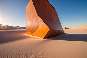 Wall Mural - sunset over a hot desert with rocks resembling a single sailboat moored.