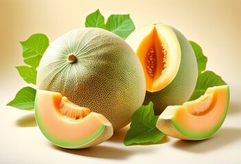 Poster - A close-up of a cantaloupe melon with leaves on a white background