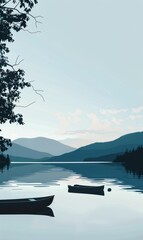 Sticker - A serene lake with two boats floating on it