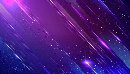 Poster - blue and purple background with glowing hexagons and diagonal lines of light, modern design for tech