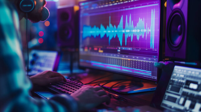 Sound engineer editing narration tracks on a computer, waveform graphics on screen, left third copy space