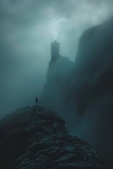 Wall Mural - A person stands on a rocky cliff overlooking a foggy landscape
