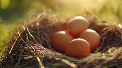 Close-up of a nest with four eggs in soft sunlight, set against a natural green background, symbolizing new life and nature.