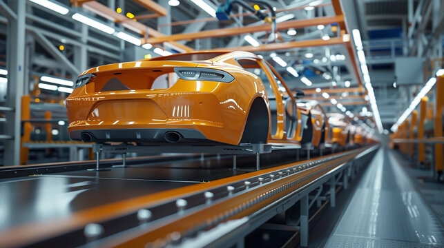 automotive assembly line with car bodies moving along conveyor for assembly and baking in factory pl