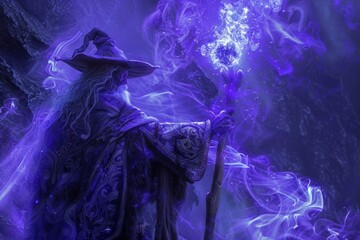 Wall Mural - A wizard is holding a wand and standing in front of a blue smoke