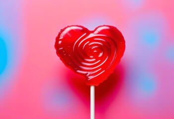 Wall Mural - A red heart-shaped lollipop on a colorful background