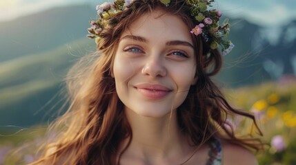 Wall Mural - A woman wearing a flower crown on her head is smiling in a field of grass, showcasing a happy and fun headpiece at an event. The flower is a fashion accessory that adds to her joyful expression AIG50