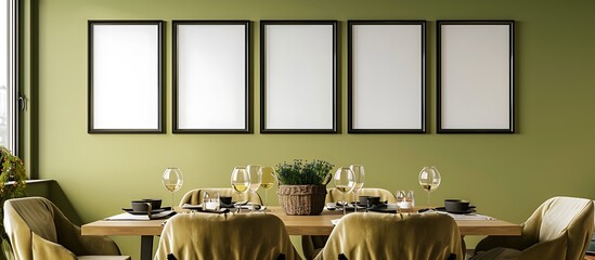 A cozy dining room with an olive green wall, showcasing six empty black frames in two rows.