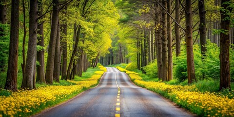 Wall Mural - Road in the middle of the forest with yellow flowers, Road, forest, yellow flowers, nature, scenic, pathway