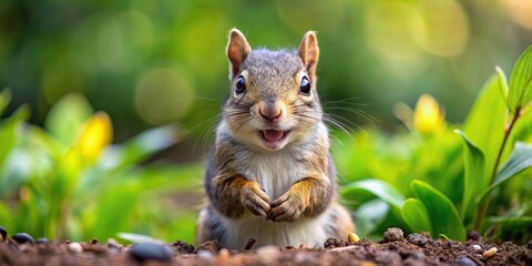 baby squirrel with a big smile in a garden setting, squirrel, baby,smiling, cute, happy, wildlife, animal, garden, outdoor, nature