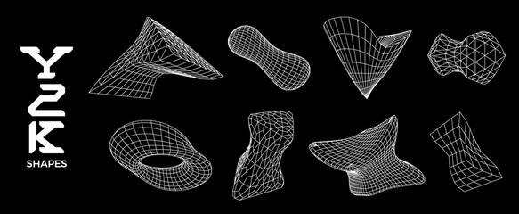 Poster - Set of 3D wireframe shapes in brutalism style. Fluid geometric grid objects, and design elements