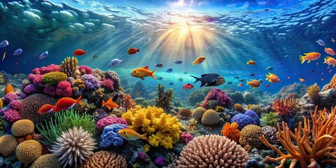 Wall Mural - Underwater panoramic view of a vibrant coral reef teeming with tropical fish, coral reef, underwater