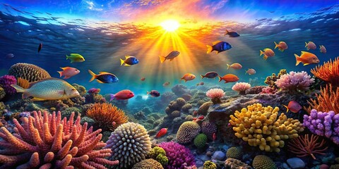 Wall Mural - Underwater panorama of coral reef with colorful fishes and vibrant corals at sunset, coral reef, underwater, fishes