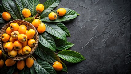 Wall Mural - Fresh loquat fruits and leaves on a black background, loquat, fruit, leaves, black, background, tropical, organic, healthy
