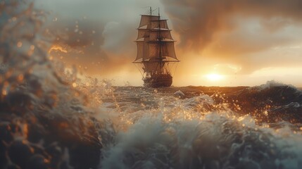 Majestic old sailing ship braving the rough seas with splashing waves and a dramatic sunset sky in the background