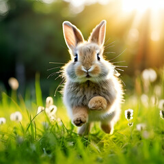 Cute fluffy little rabbit on a meadow grass field in the morning, happy bunny running in green garden with sunlight background, symbol of Easter festival 