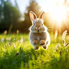 Cute fluffy little rabbit on a meadow grass field in the morning, happy bunny running in green garden with sunlight background, symbol of Easter festival 