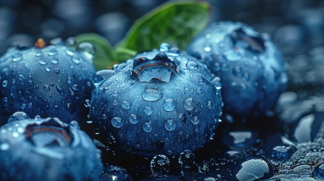 A close-up image showcasing water droplets on blueberries with a single green leaf for contrast; emphasis on texture and freshness