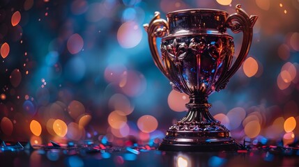 A glittering trophy against a backdrop of colorful bokeh lights